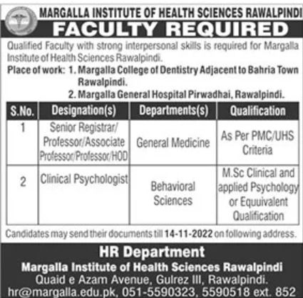 Margalla Institute of Health Sciences Rawalpindi Jobs November 2022
