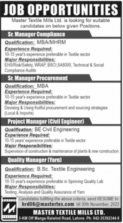 Master Textile Mills Ltd Jobs November 2022