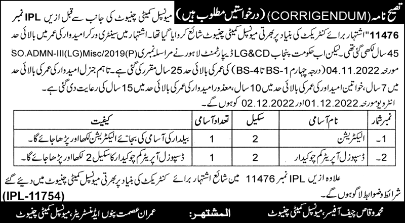 Municipal Committee Chiniot Jobs November 2022