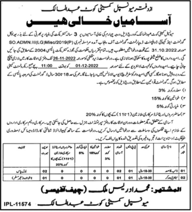 Municipal Committee Kot Abdul Maalik Jobs November 2022