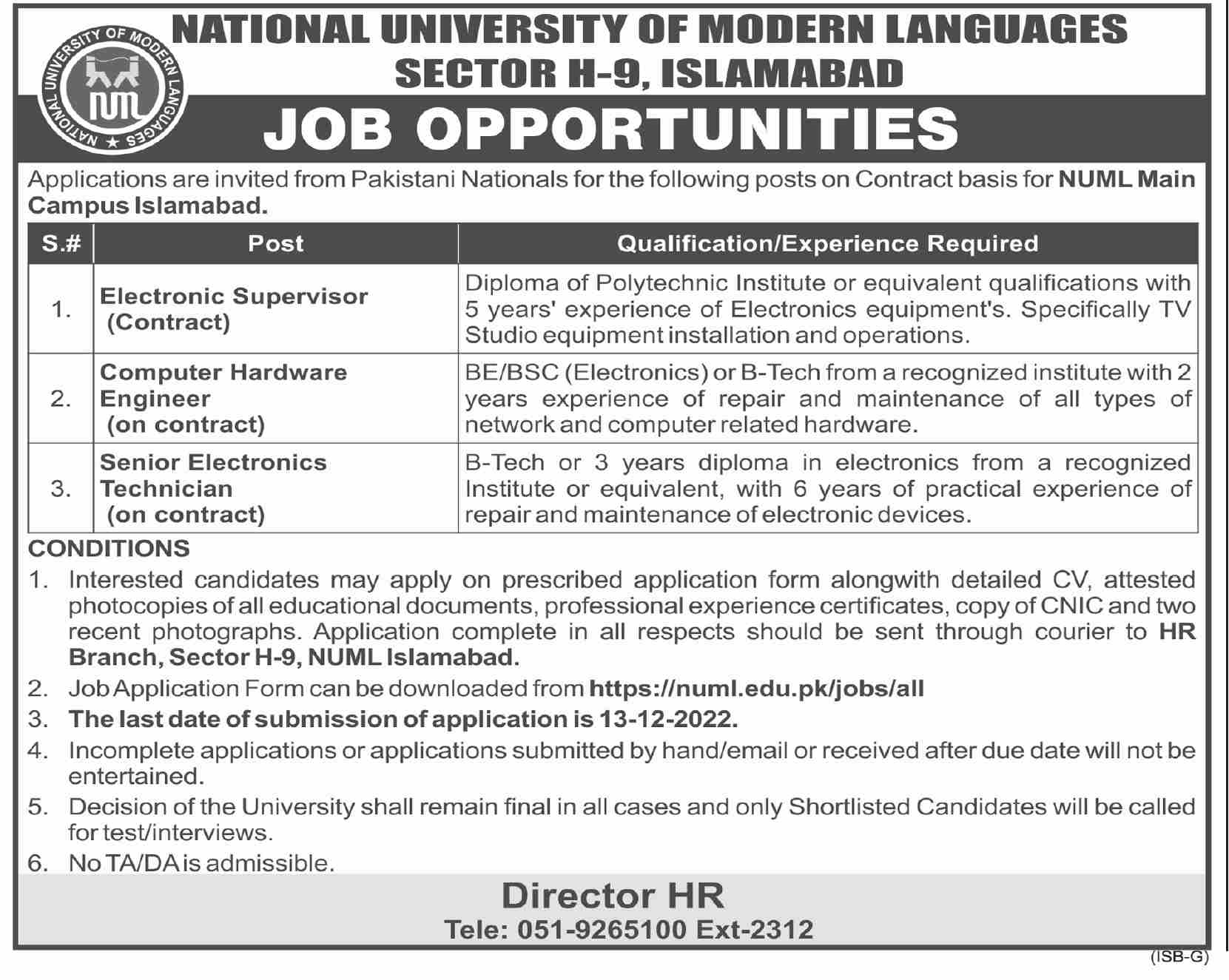 NUML Islamabad Jobs November 2022