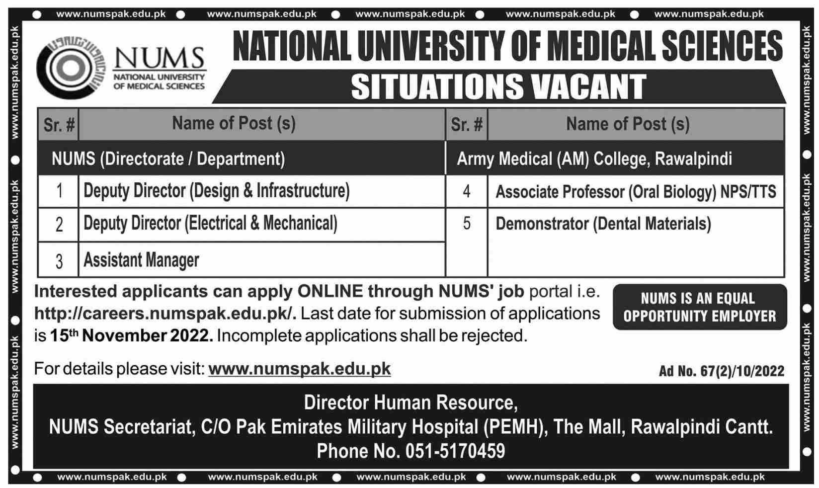 NUMS Jobs Rawalpindi November 2022
