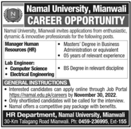 Namal University Mianwali Jobs November 2022