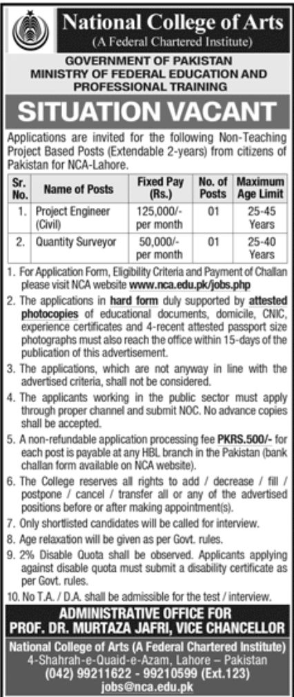 National College of Arts Jobs November 2022