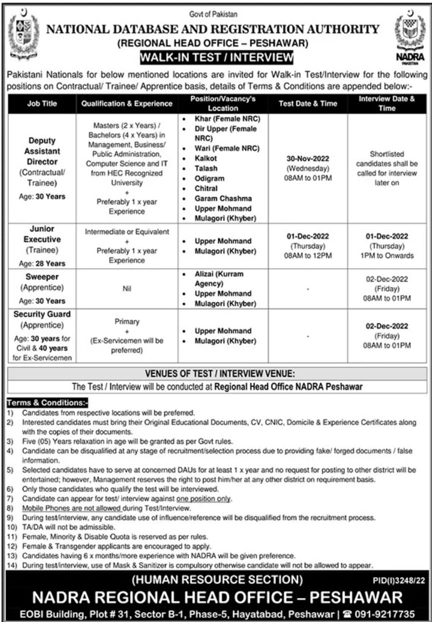 National Database and Registration Authority NADRA Jobs November 2022