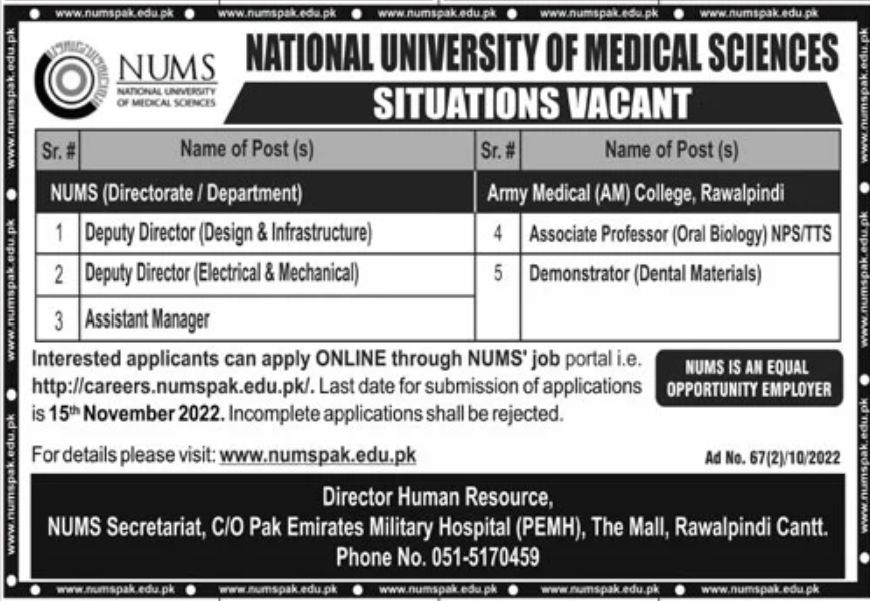 National University of Medical Sciences NUMS Jobs November 2022