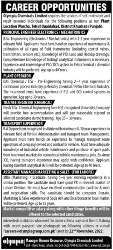 Olympia Chemicals Limited Jobs November 2022