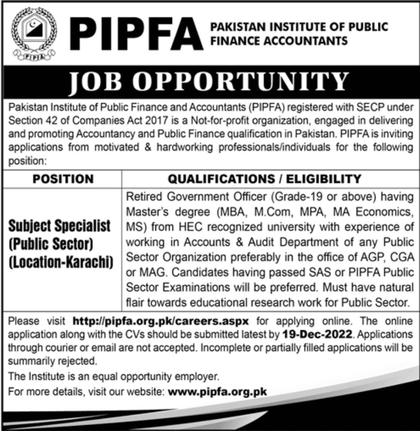 PIPFA Pakistan Institute of Public Finance Accountants Jobs November 2022
