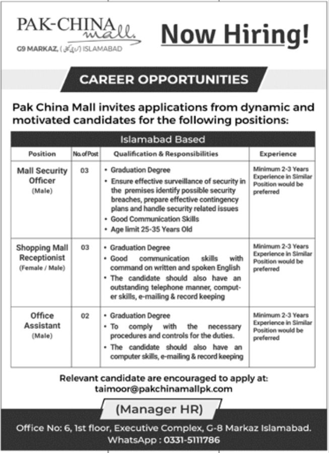 Pak China Mall Jobs November 2022