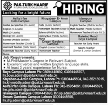 Pak Turk Maarif Jobs November 2022