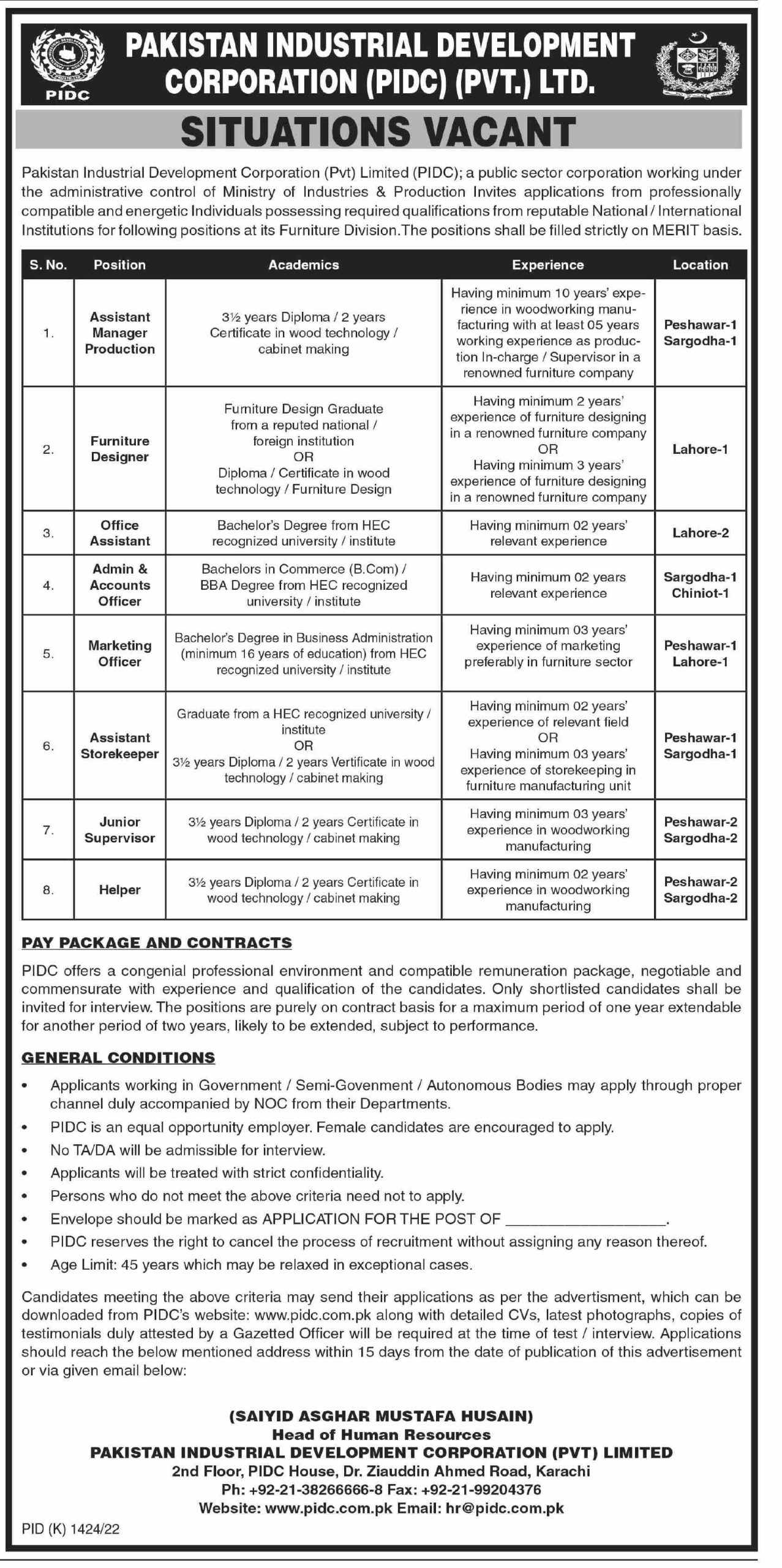 Pakistan Industrial Development Corporation PIDC Pvt Ltd Jobs November 2022