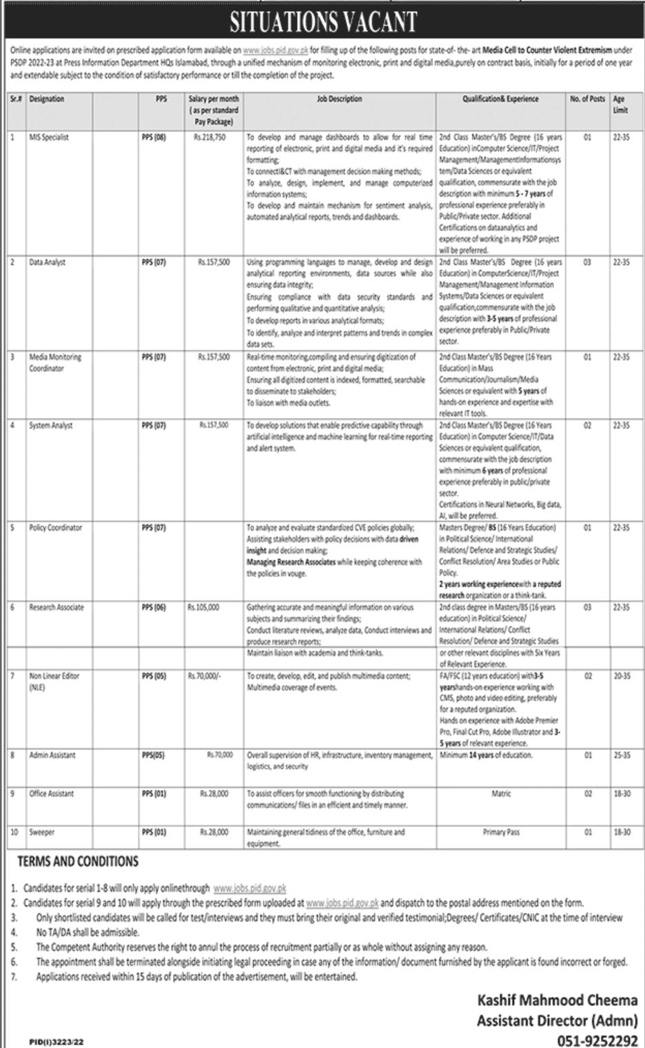 Press Information Department Islamabad Jobs November 2022
