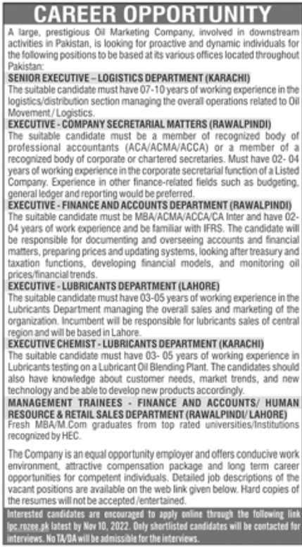 Prestigious Oil Marketing Company Jobs November 2022
