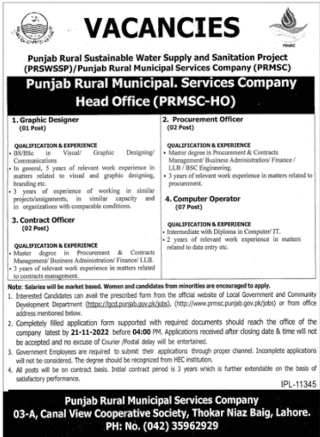 Punjab Rural Municipal Services Company Jobs November 2022
