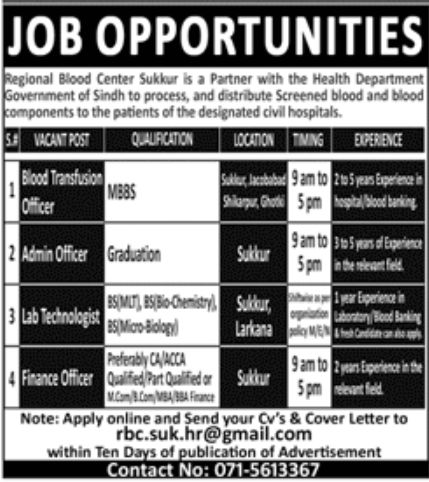 Regional Blood Center Sukkur Jobs November 2022