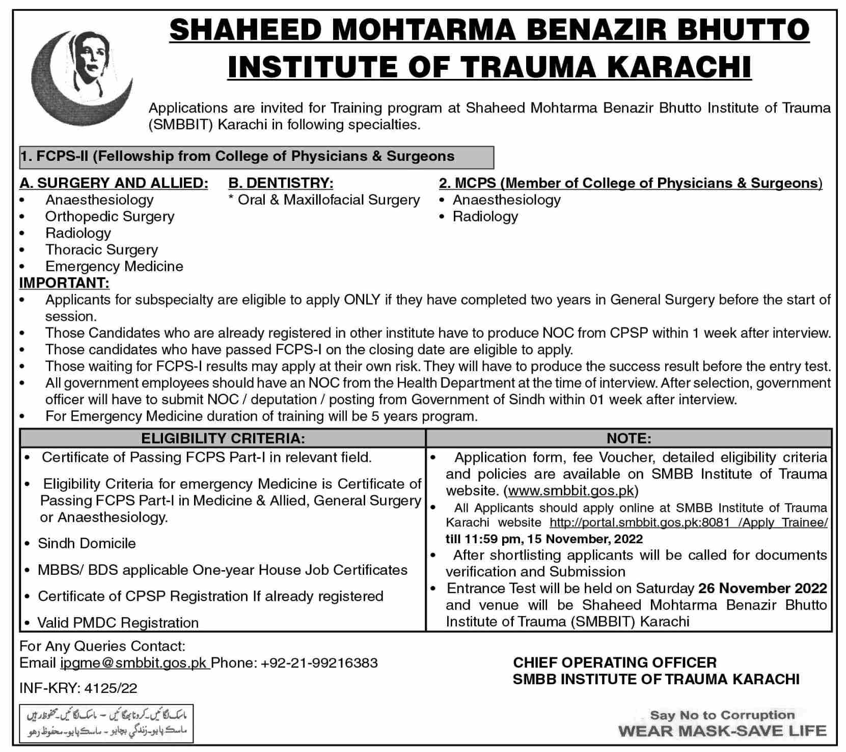 Shaheed Mohtarma Benazir Bhutto Institute of Trauma Karachi Jobs November 2022