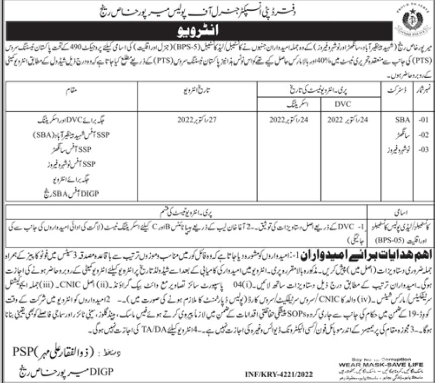 Sindh Police Jobs November 2022
