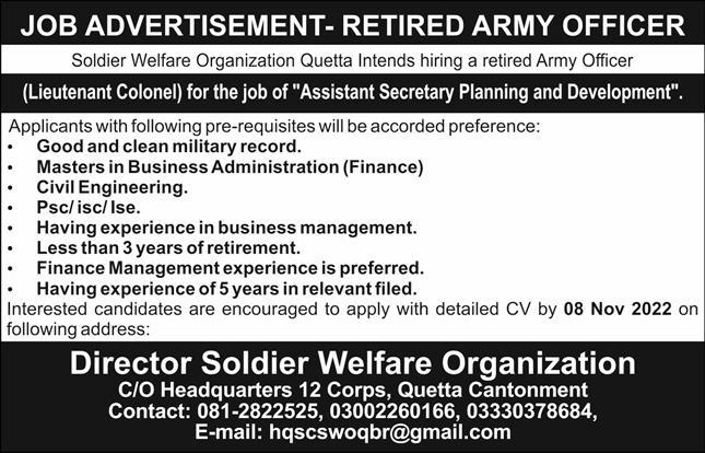 Soldier Welfare Organization Quetta Jobs October 2022