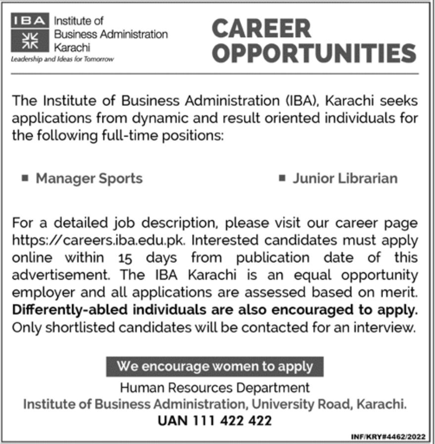 The Institute of Business Administration IBA Karachi Jobs November 2022