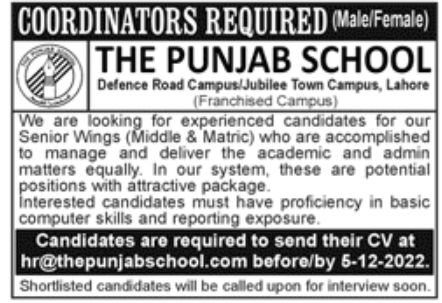 The Punjab School Jobs November 2022