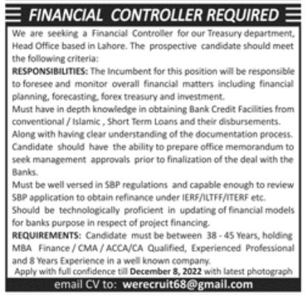 Treasury Department Lahore Jobs November 2022