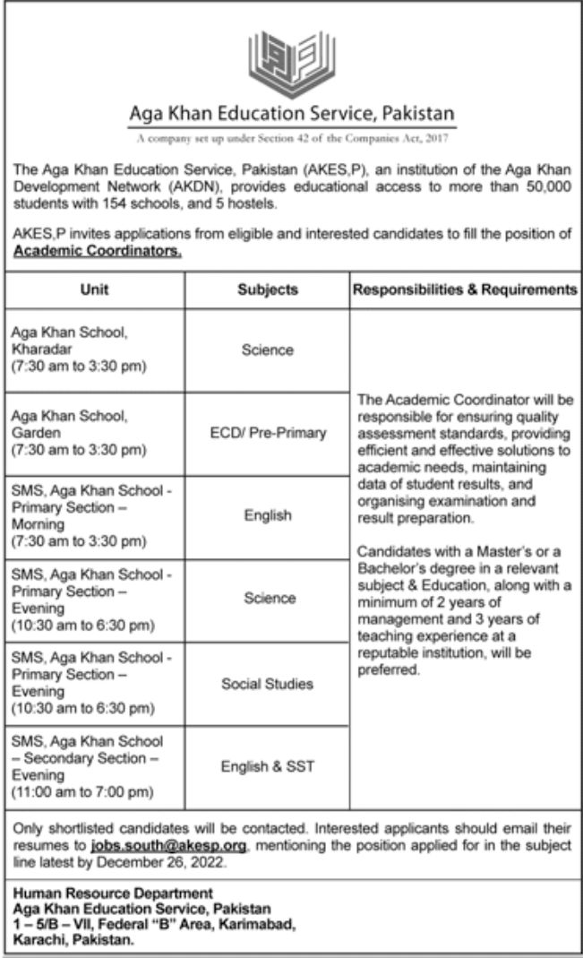 Aga Khan Education Service Pakistan Jobs December 2022