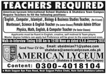 American Lyceum International School Jobs December 2022