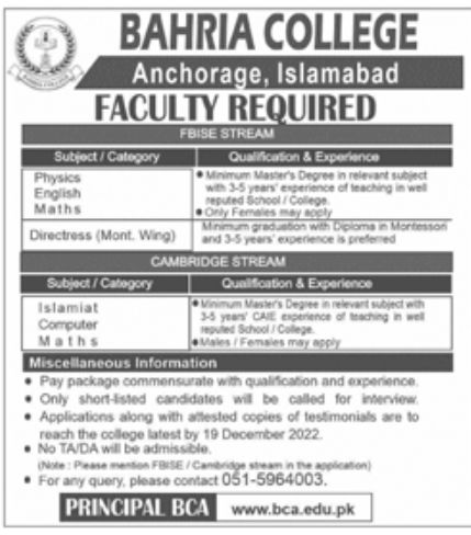 Bahria College Jobs December 2022