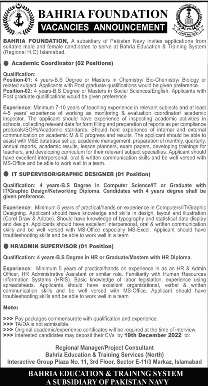 Bahria Foundation Jobs December 2022