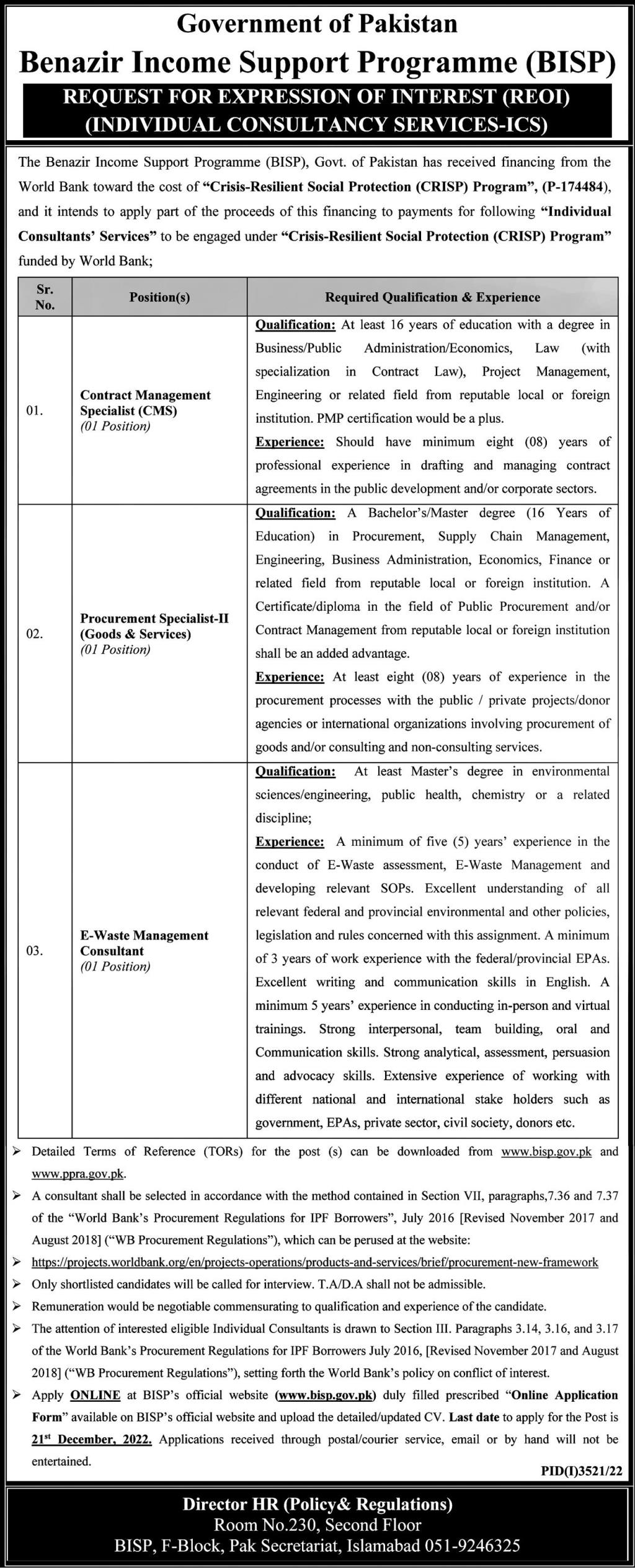 Benazir Income Support Programme BISP Jobs December 2022
