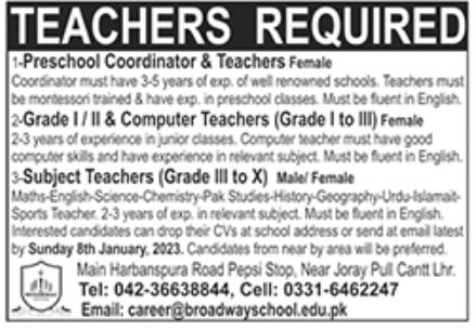 Broadway School Jobs December 2022