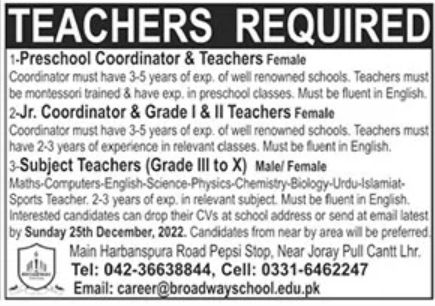 Broadway School Jobs December 2022