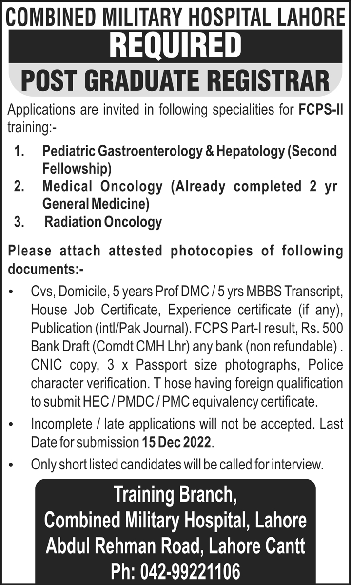 Combined Military Hospital Lahore Jobs December 2022