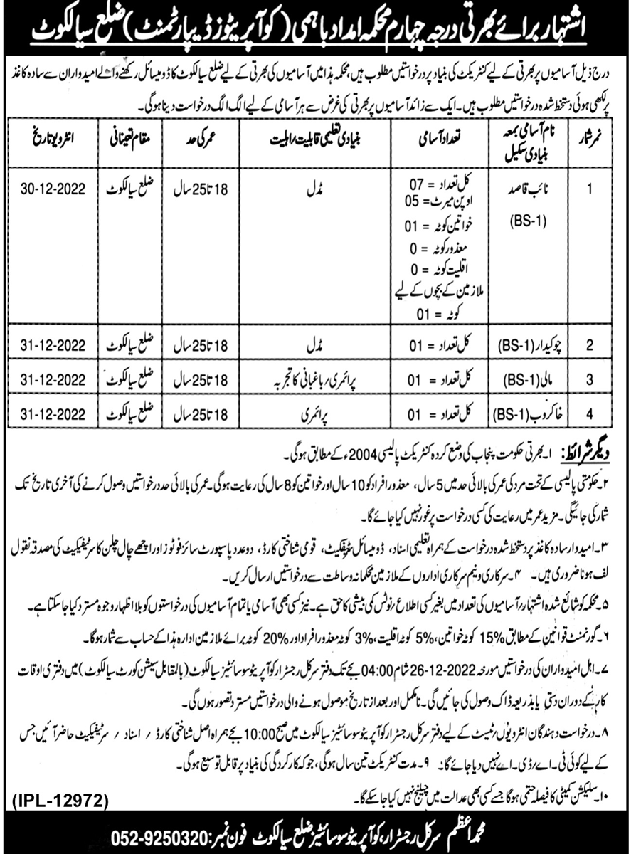 Cooperative Department Sialkot Jobs December 2022