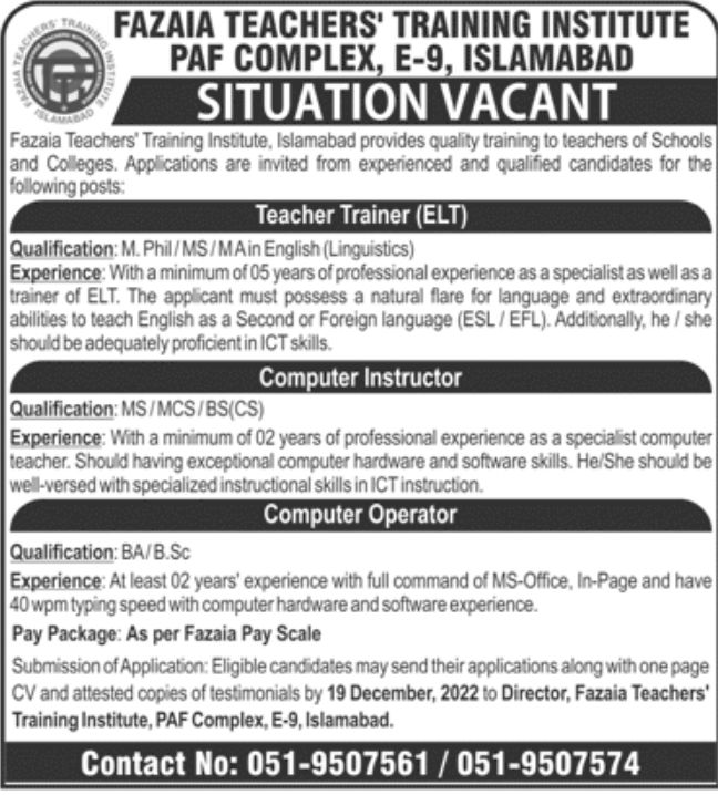 Fazaia Teacher's Training Institute Jobs December 2022