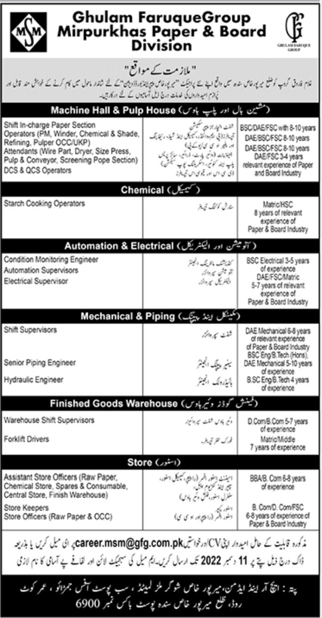 Ghulam Faruque Group Mirpurkhas Paper & Board Division Jobs November 2022