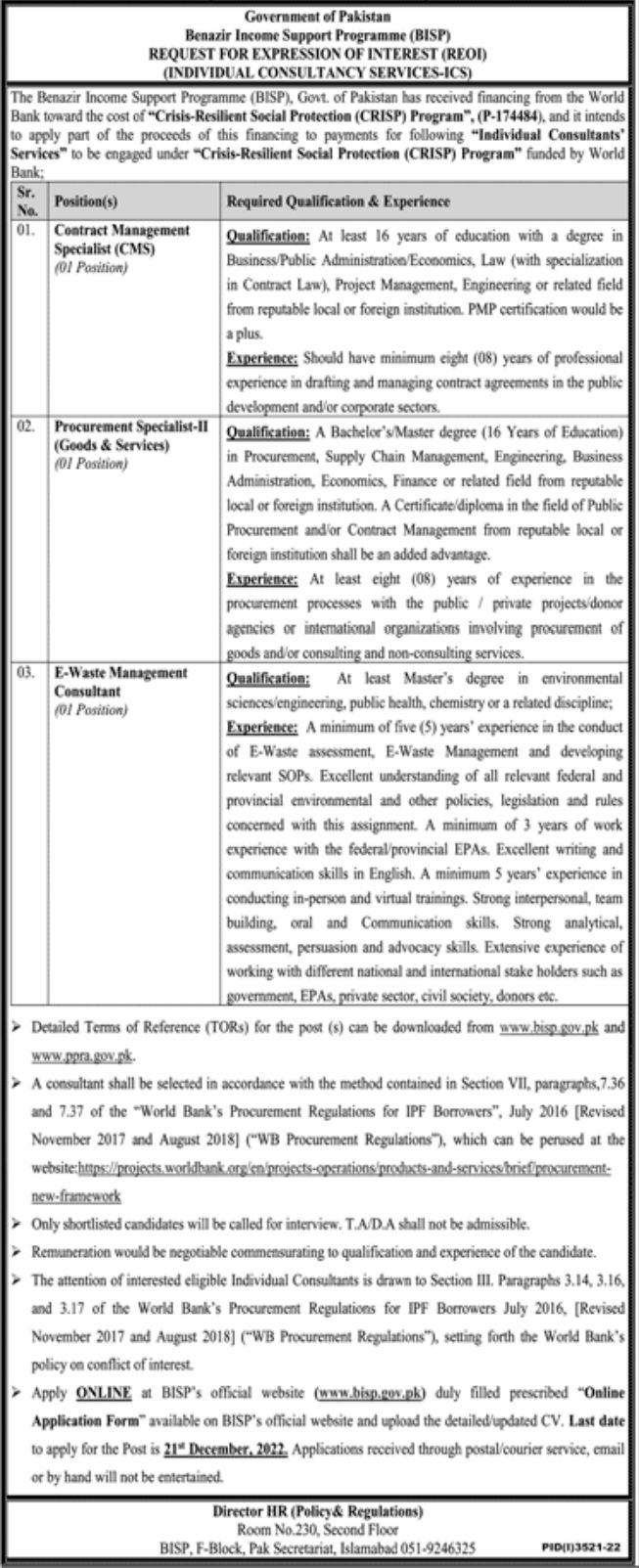 Government of Pakistan Benazir Income Support Programme BISP Jobs December 2022