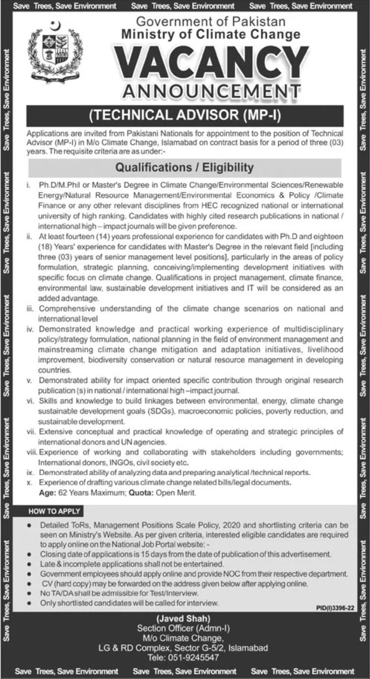 Government of Pakistan Ministry of Climate Change Jobs November 2022