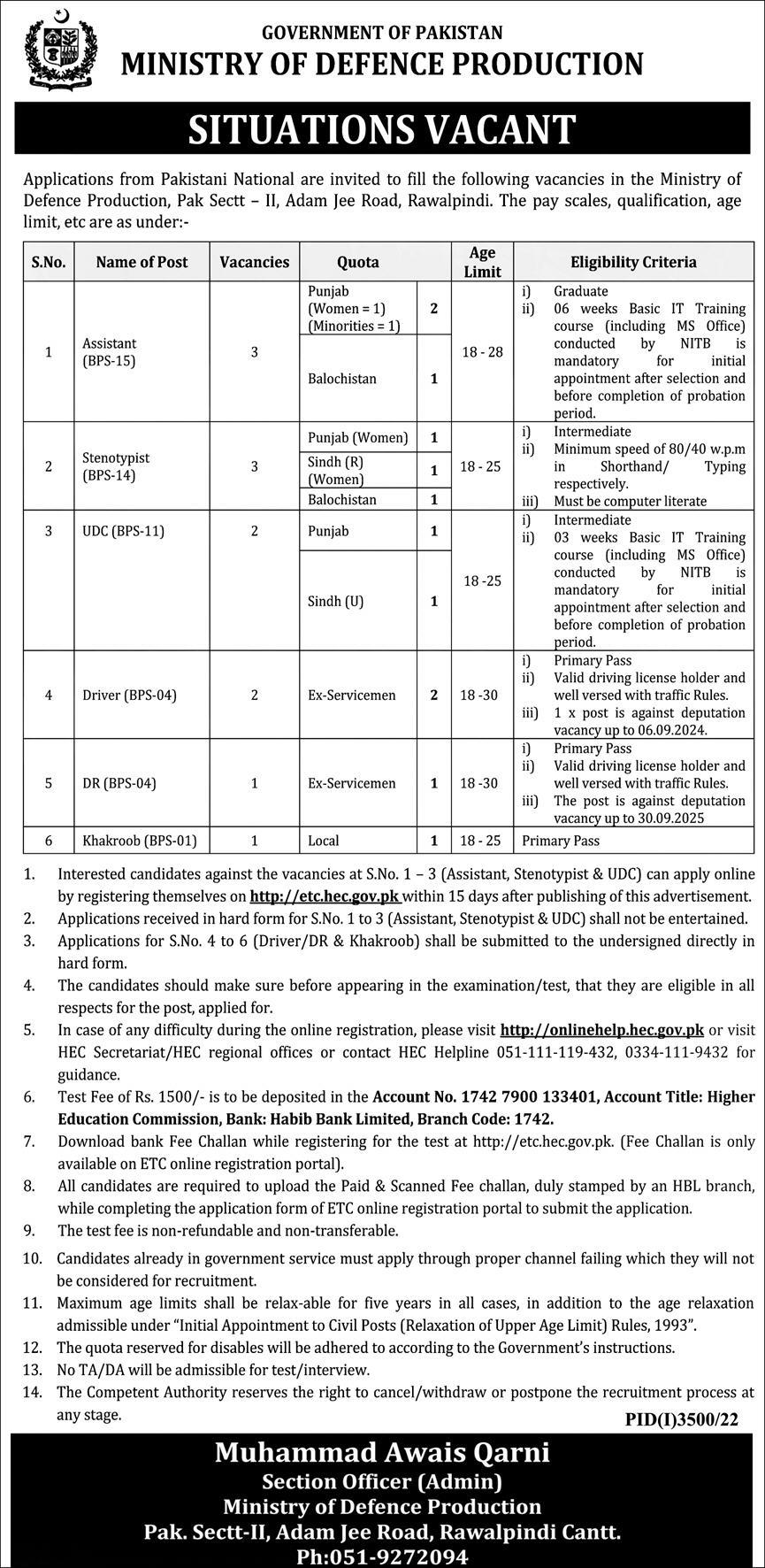 Government of Pakistan Ministry of Defence Production Jobs December 2022