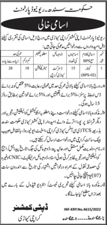 Government of Sindh Revenue Department Jobs December 2022