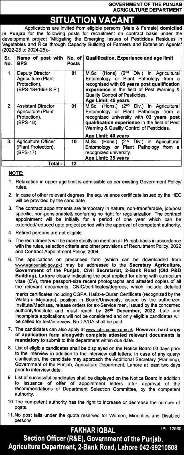 Government of the Punjab Agriculture Department Jobs December 2022