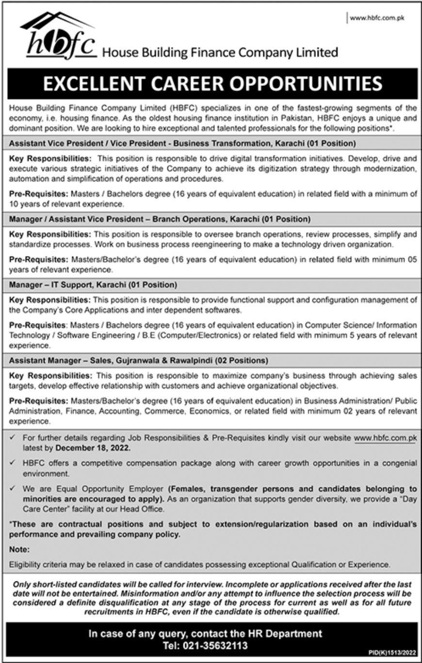 House Building Finance Company Limited HBFC Jobs December 2022