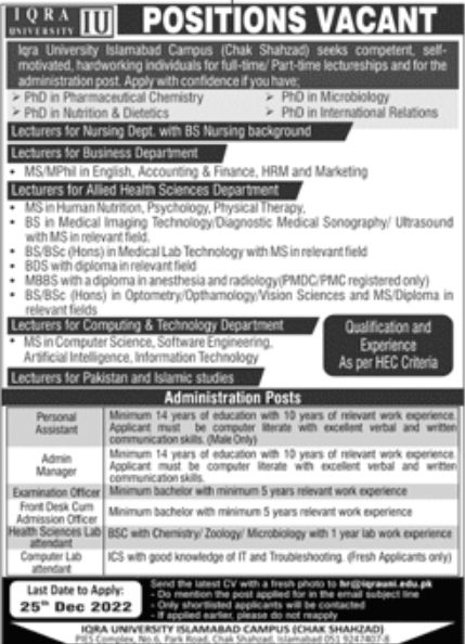 IQRA University IU Jobs December 2022