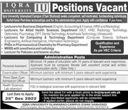 IQRA University Jobs December 2022