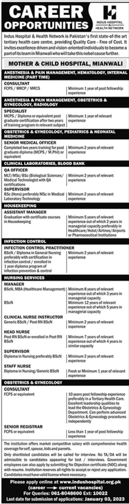 Indus Hospital & Health Network Jobs December 2022