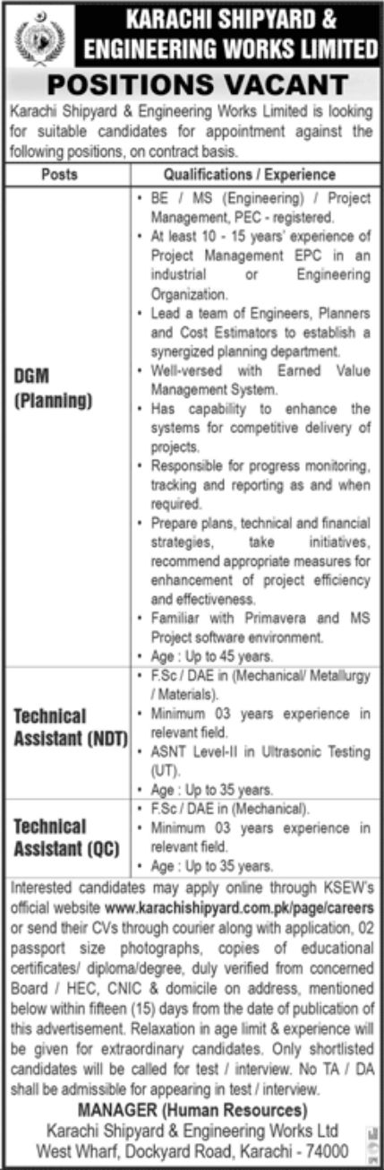 Karachi Shipyard & Engineering Works Limited Jobs December 2022