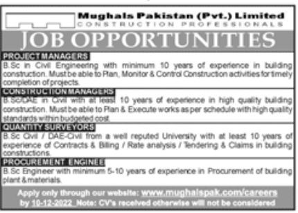 Mughals Pakistan Pvt Limited Jobs December 2022