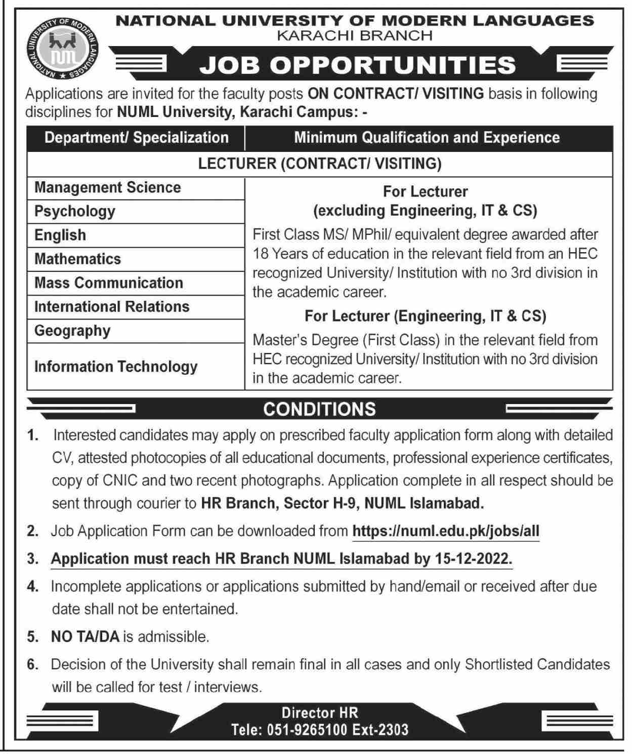 NUML Jobs November 2022