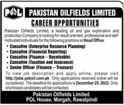 Pakistan Oilfields Limited Jobs December 2022