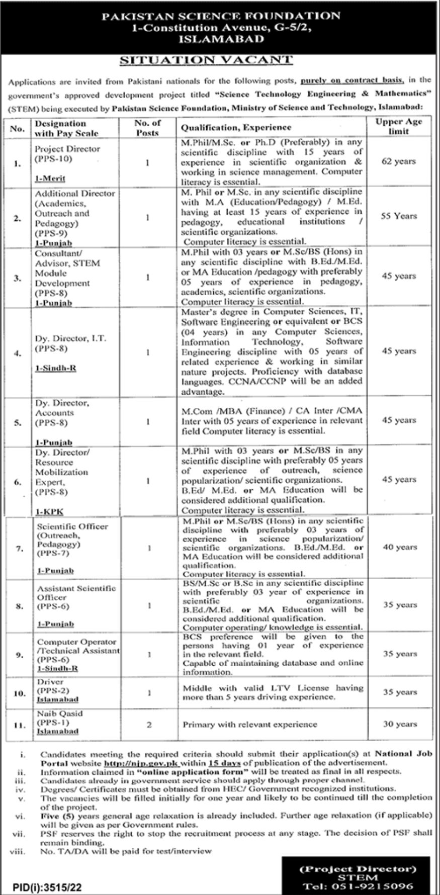 Pakistan Science Foundation Jobs December 2022
